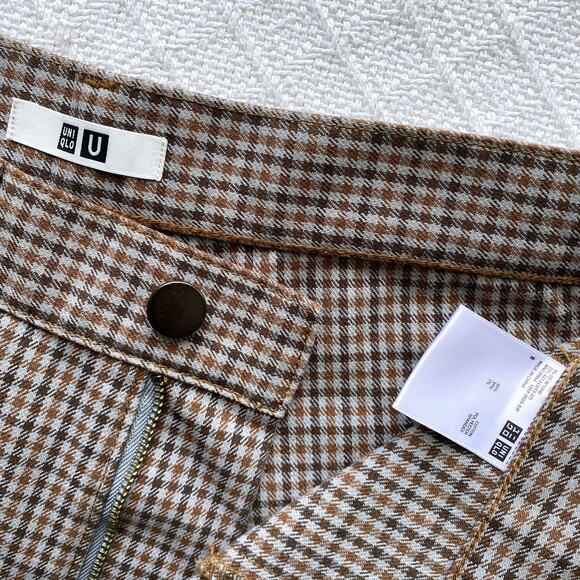 Uniqlo U Checked Straight Pant High-Waist Cropped Brown Blue Plaid Womens 6 - Picture 2 of 11